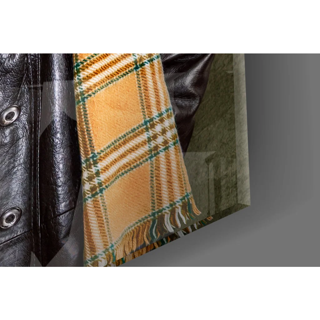 Rebel Cow in Leather Jacket mustard-yellow plaid scarf wall art