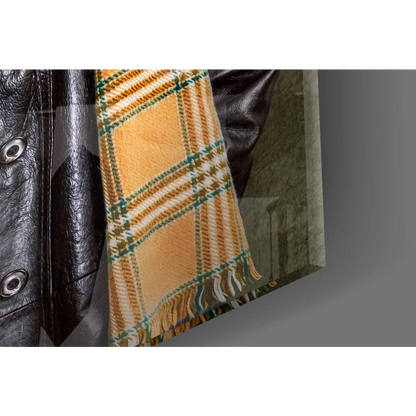 Rebel Cow in Leather Jacket mustard-yellow plaid scarf wall art