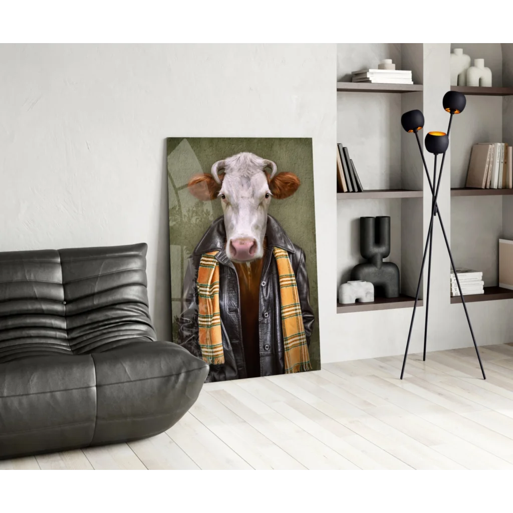 Stylish cow in leather jacket and plaid scarf canvas wall art