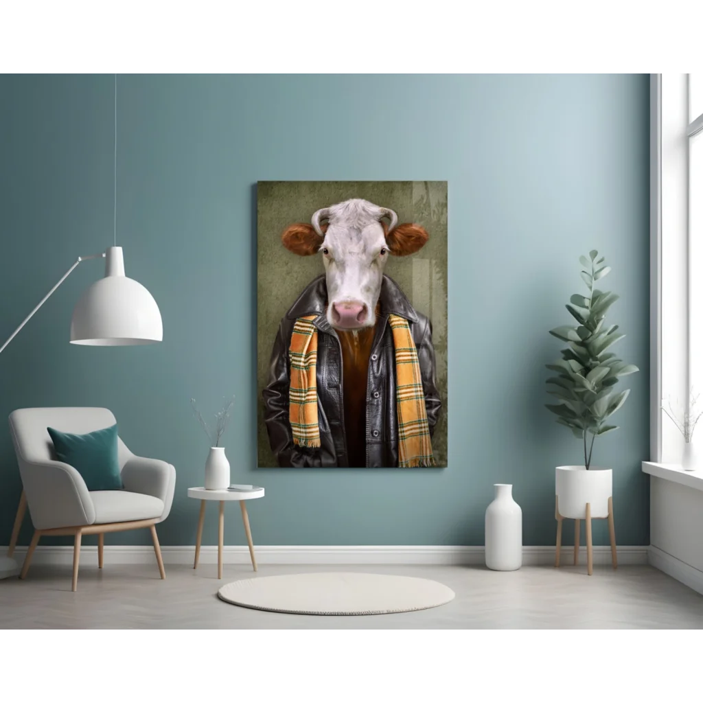Rebel Cow in Leather Jacket canvas wall art print