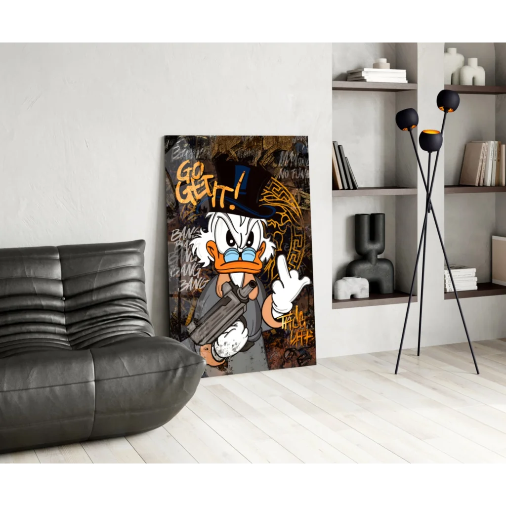 Scrooge McDuck graffiti wall art print of Donald Duck in suit with rifle, go get it!