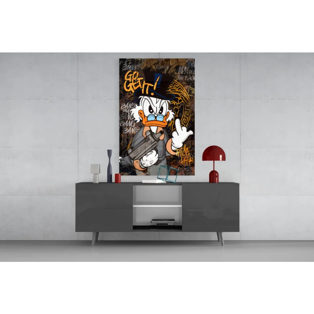 Scrooge McDuck graffiti wall art print of duck in suit holding gun with go get it text