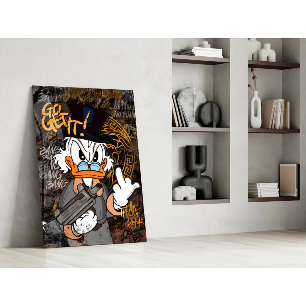 Scrooge McDuck graffiti wall art print with gun and go get it text