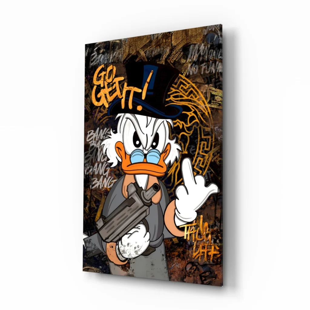 Scrooge McDuck graffiti wall art canvas print with gun and peace sign