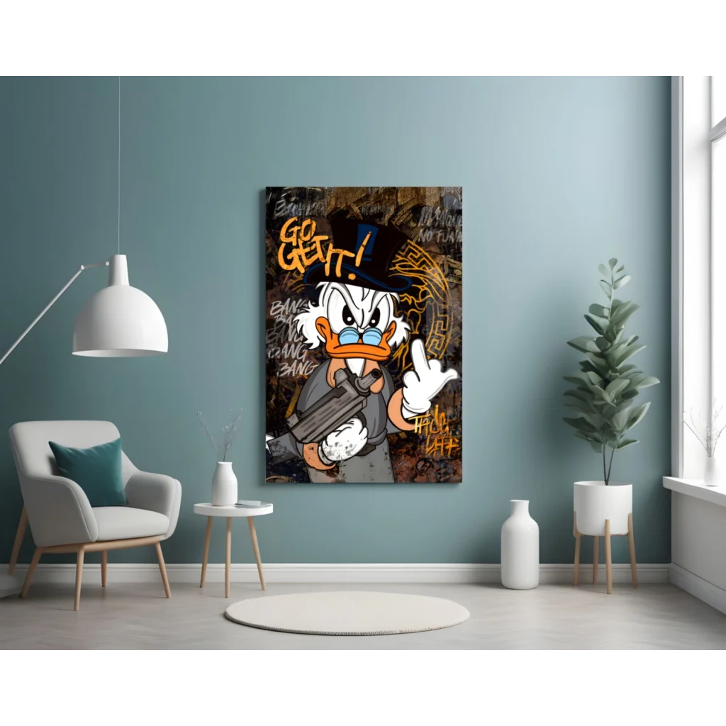 Scrooge McDuck graffiti wall art print of Donald Duck with gun and Go Get It text