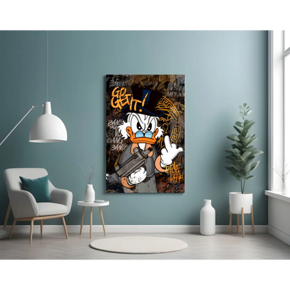 Scrooge McDuck graffiti wall art print of Donald Duck with gun and Go Get It text