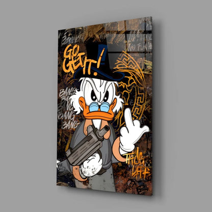 Stylized Scrooge McDuck graffiti canvas wall art with gun and hat