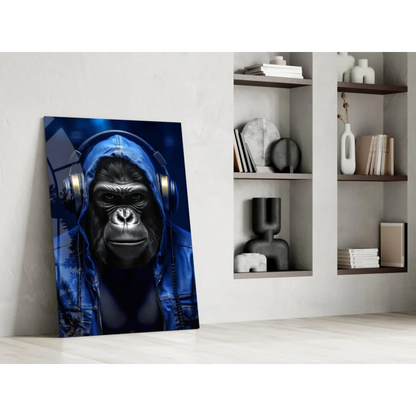 Cool blue gorilla wearing headphones wall art canvas print
