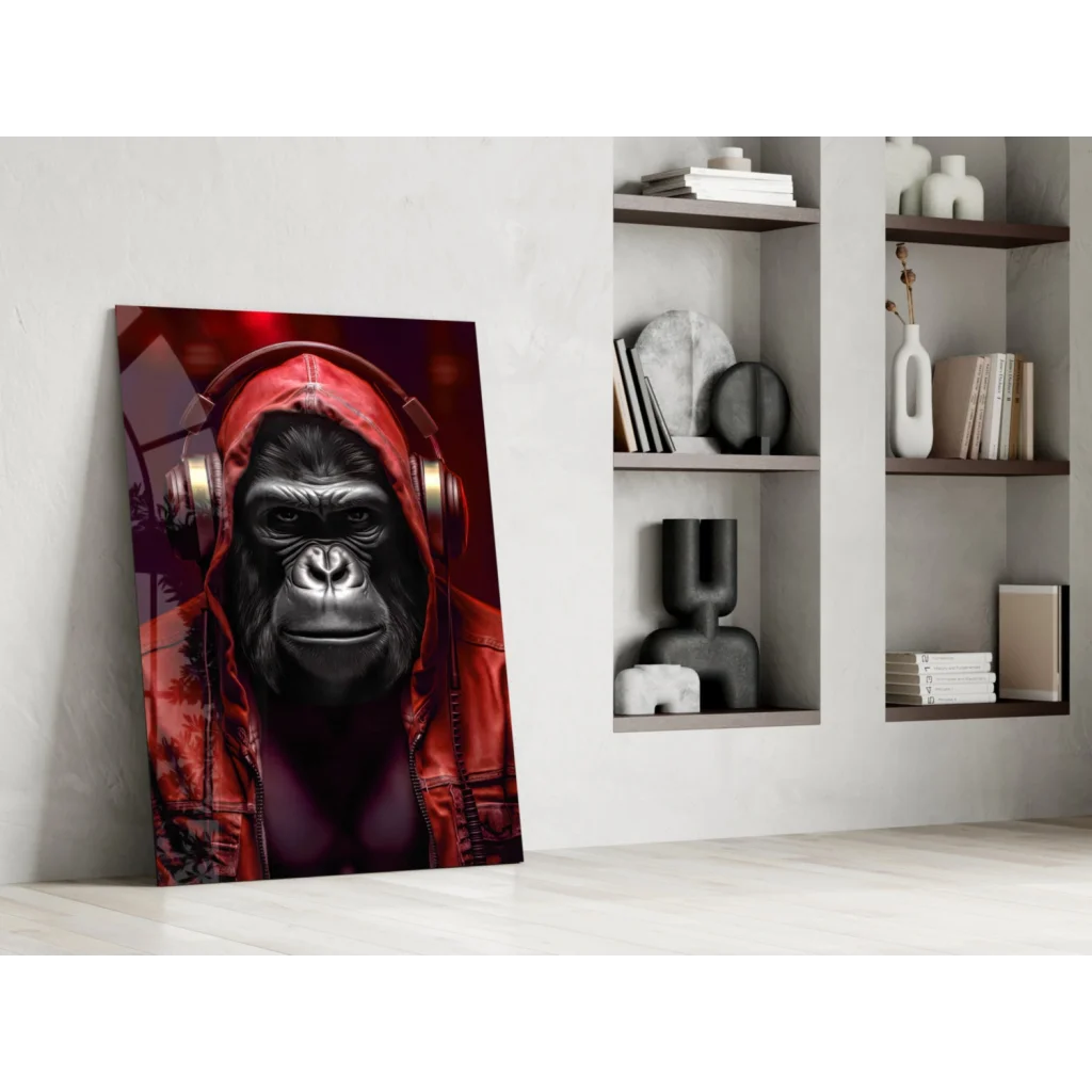 Red gorilla in hoodie with gold headphones wall art canvas print