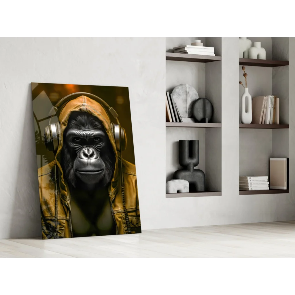 Blue Gorilla in headphones yellow jacket wall art canvas print