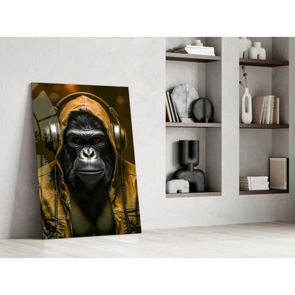 Blue Gorilla in headphones yellow jacket wall art canvas print