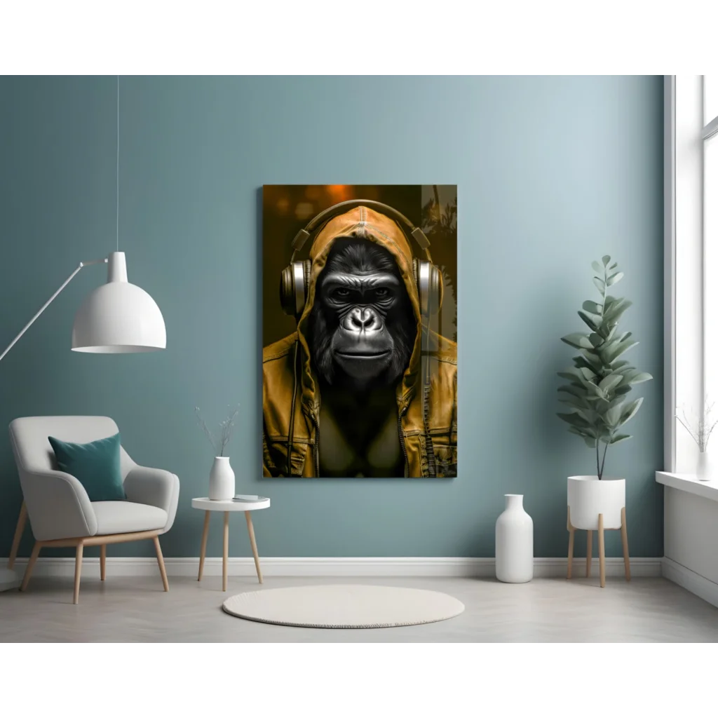 Blue Gorilla in headphones wall art canvas print