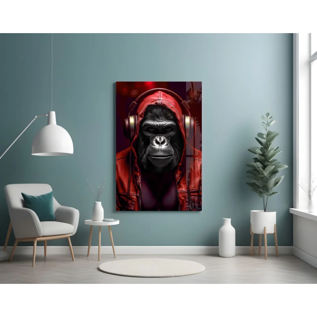 Vibrant red hoodie gorilla with metallic headphones wall art canvas print