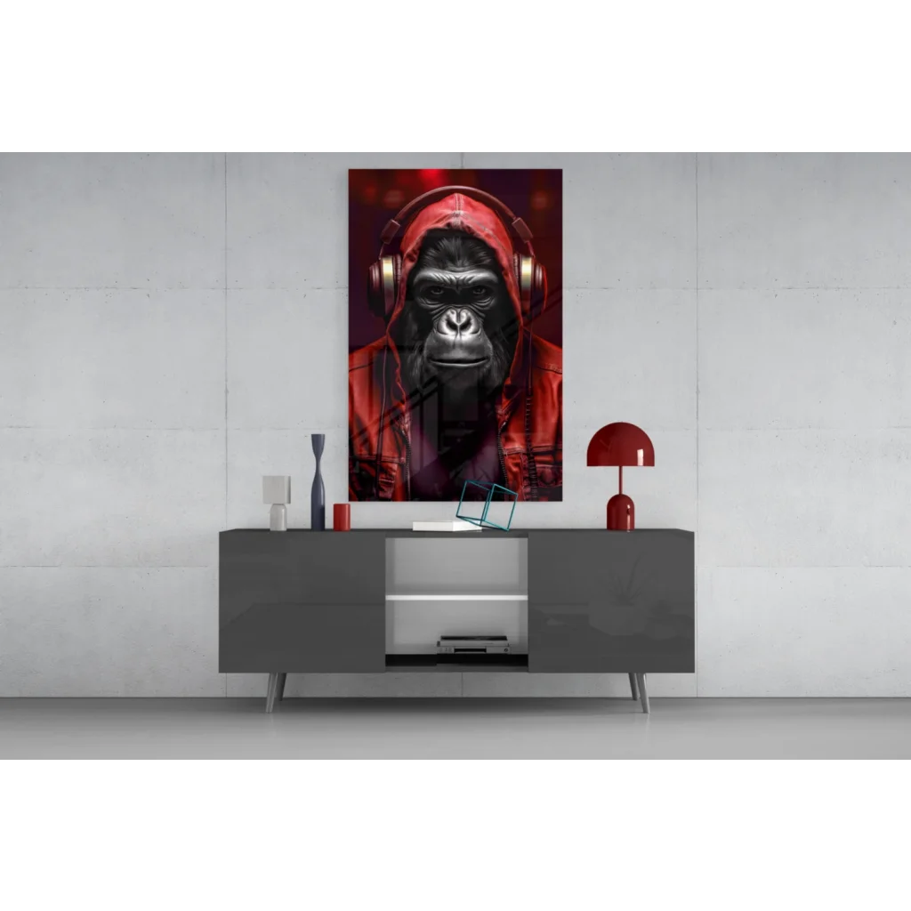 Red black gorilla with headphones wall art canvas print