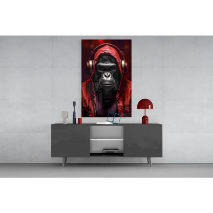 Red black gorilla with headphones wall art canvas print