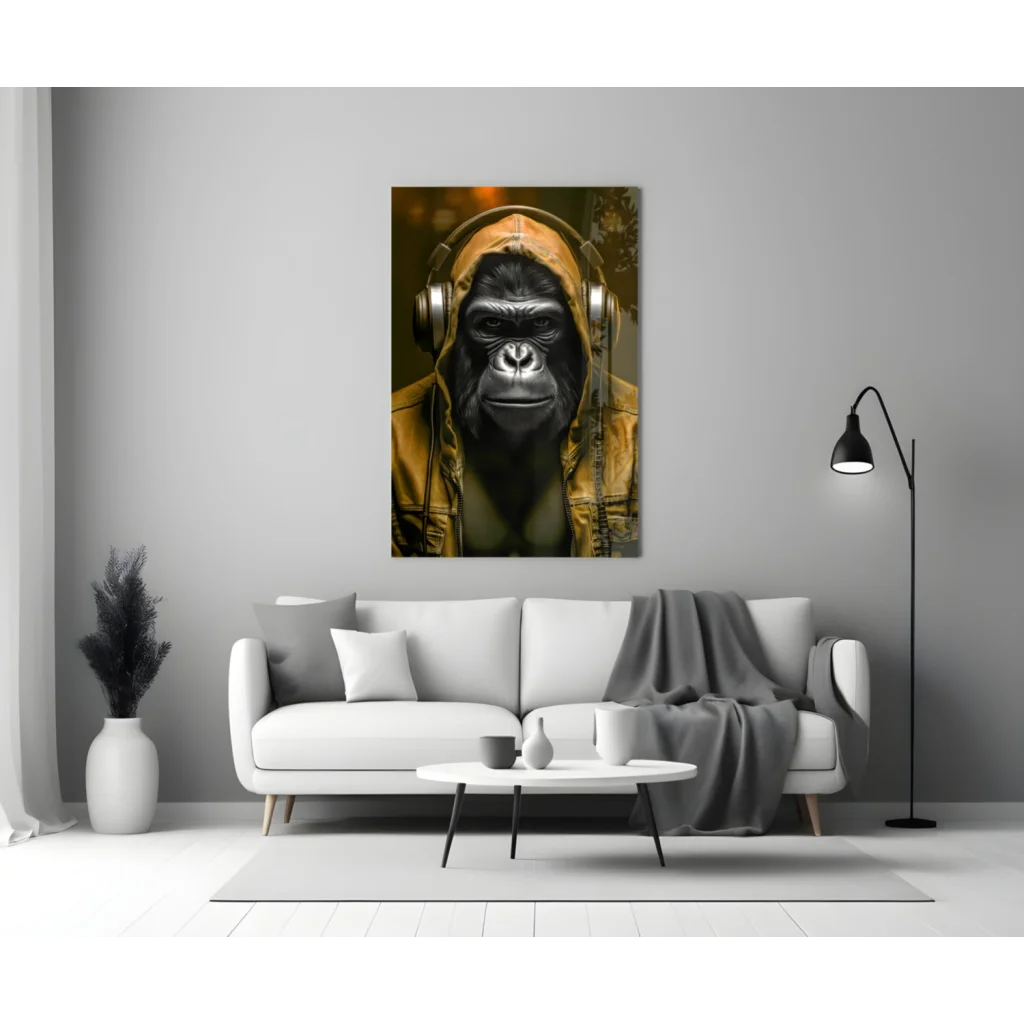 Cool gorilla in headphones and yellow jacket wall art canvas print