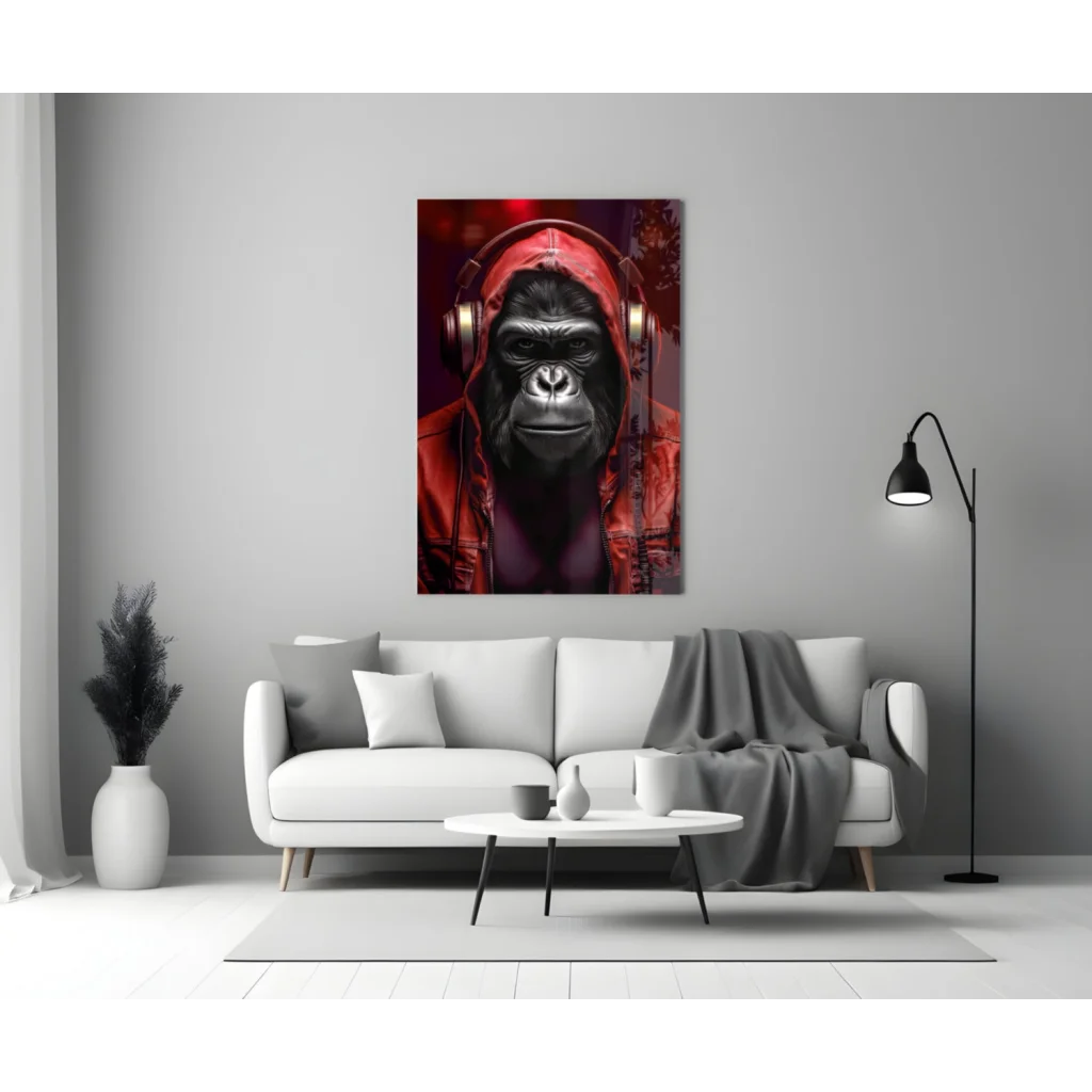 Cool blue gorilla with red headphones wall art canvas print