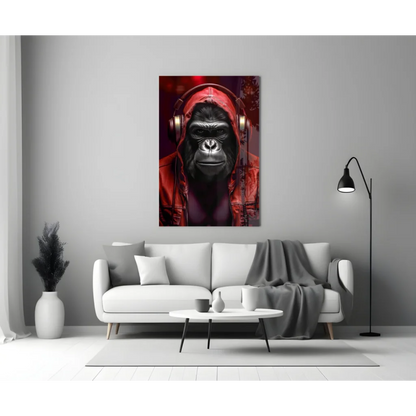 Cool blue gorilla with red headphones wall art canvas print