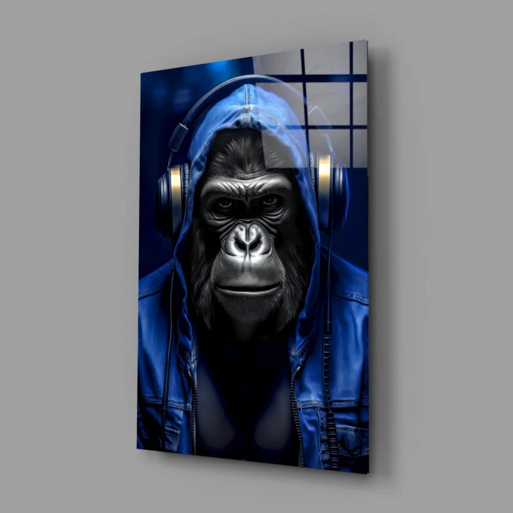 Blue Gorilla wall art canvas print with headphones and hooded jacket