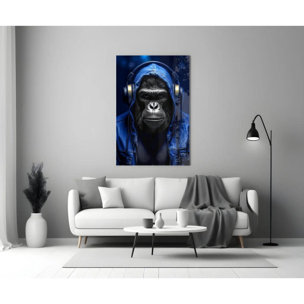 Cool blue gorilla with headphones wall art canvas print