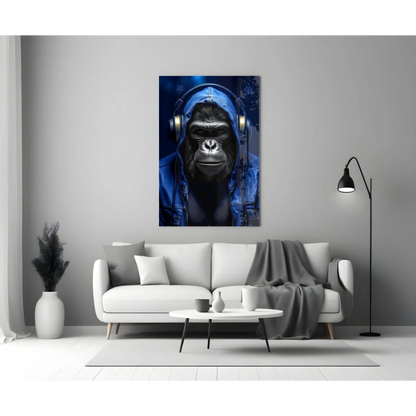 Cool blue gorilla with headphones wall art canvas print