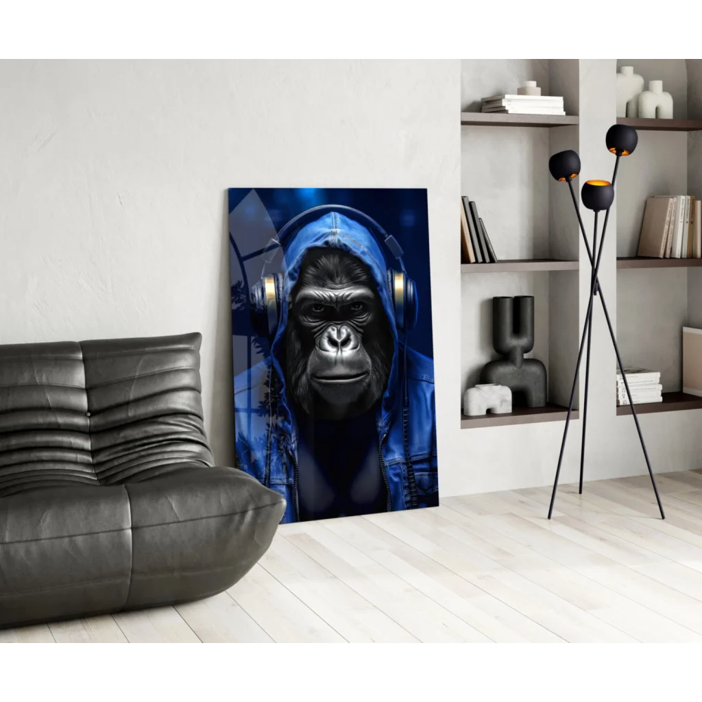 Striking blue gorilla with headphones wall art canvas print