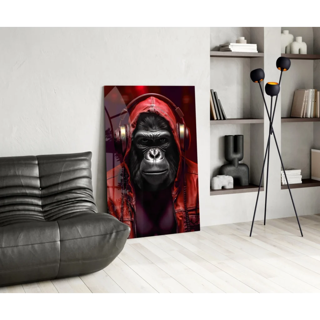 Vibrant red hoodie gorilla with metallic headphones wall art canvas print
