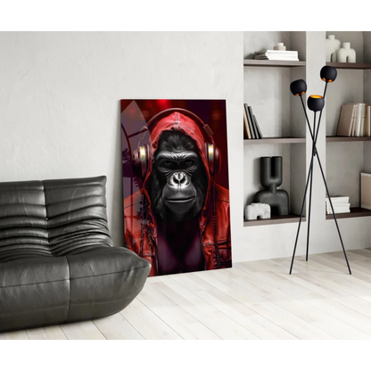 Vibrant red hoodie gorilla with metallic headphones wall art canvas print