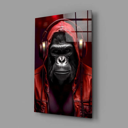 Red leather hoodie with gorilla in headphones wall art print
