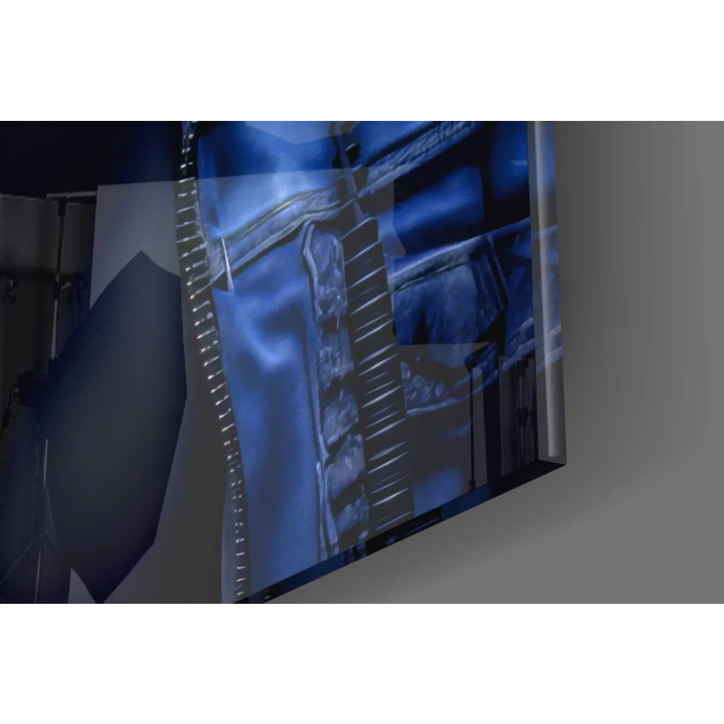 Sleek TV on glass wall art displaying blue medical scan, Blue Gorilla print