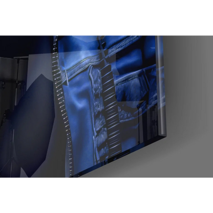 Sleek TV on glass wall art displaying blue medical scan, Blue Gorilla print
