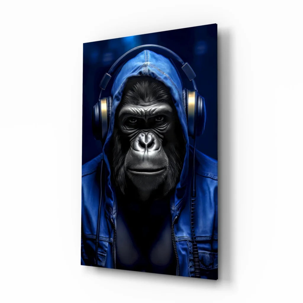 Vivid blue gorilla headphones wall art canvas print