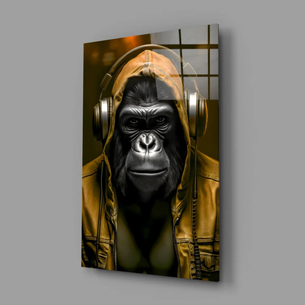 Sleek Blue Gorilla in golden hoodie headphones wall art canvas print