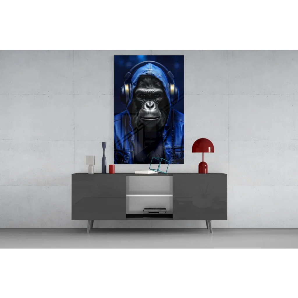 Cool blue gorilla with headphones wall art canvas print