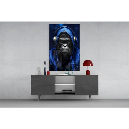 Cool blue gorilla with headphones wall art canvas print