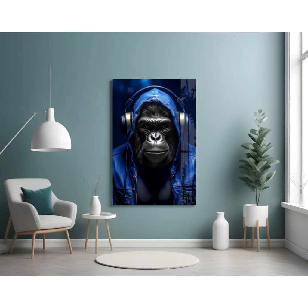 Cool blue gorilla with headphones wall art canvas print