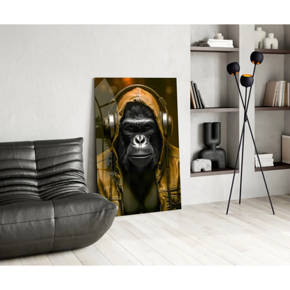 Blue Gorilla in headphones and yellow hoodie, wall art canvas print