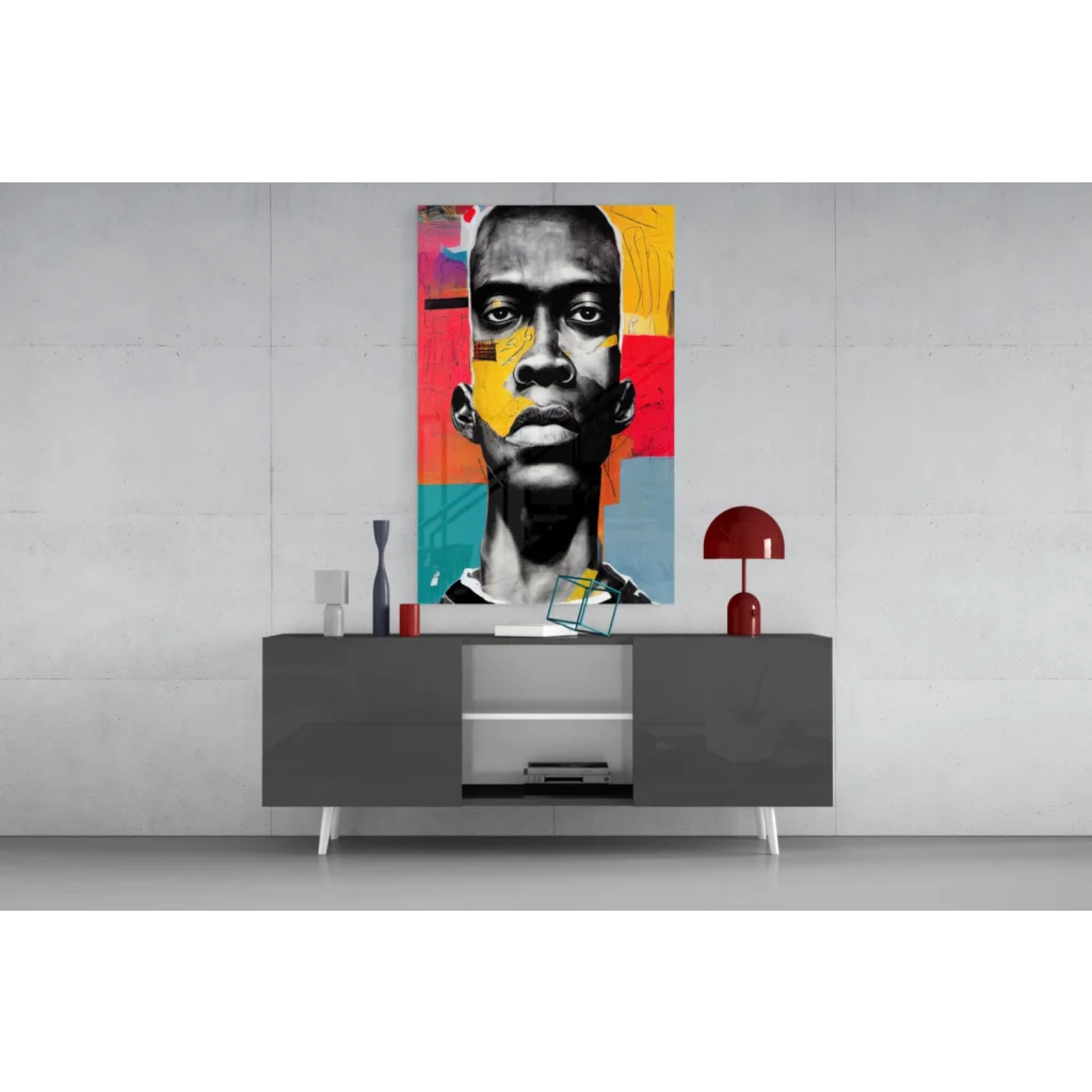 Bold geometric face glass wall art canvas in vibrant yellow, red, teal blocks on black-and-white portrait