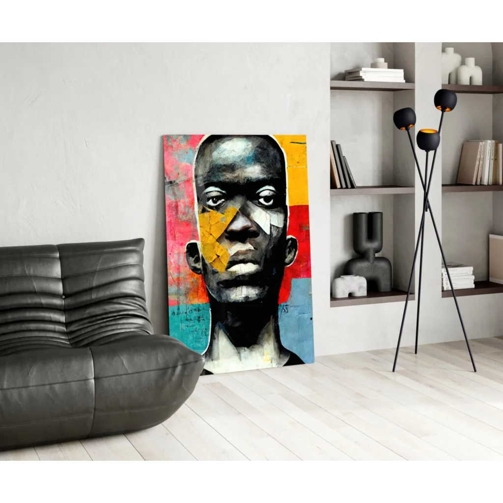 Bold geometric face glass wall art canvas print with vibrant red, yellow, blue patterns on black-and-white portrait