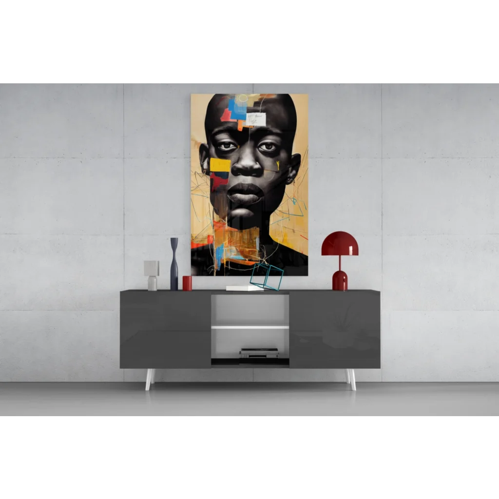 Bold geometric portrait glass wall art with black, yellow, red shapes
