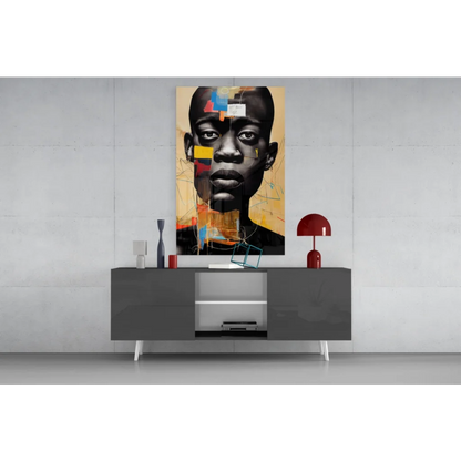 Bold geometric portrait glass wall art with black, yellow, red shapes