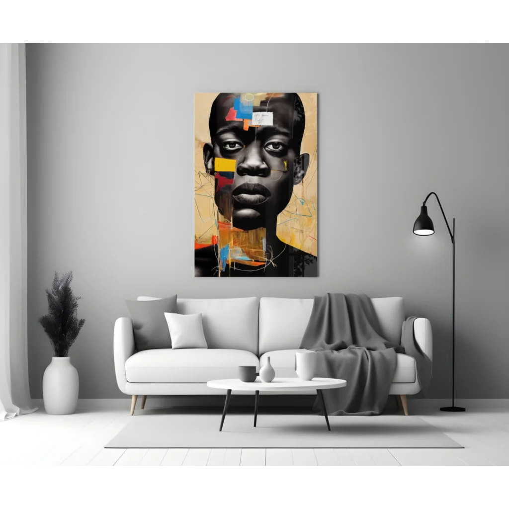 Bold geometric portrait glass wall art with black, yellow, blue shapes on beige