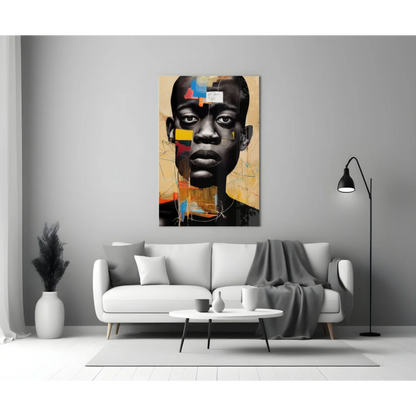 Bold geometric portrait glass wall art with black, yellow, blue shapes on beige