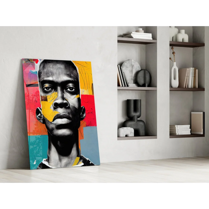 Bold geometric face glass wall art canvas with vibrant abstract portrait