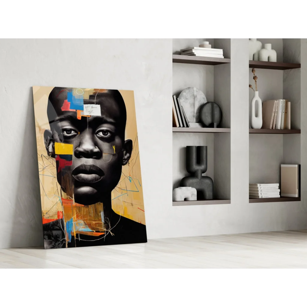 Bold geometric portrait glass wall art canvas with black, gold accents