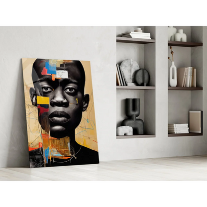 Bold geometric portrait glass wall art canvas with black, gold accents