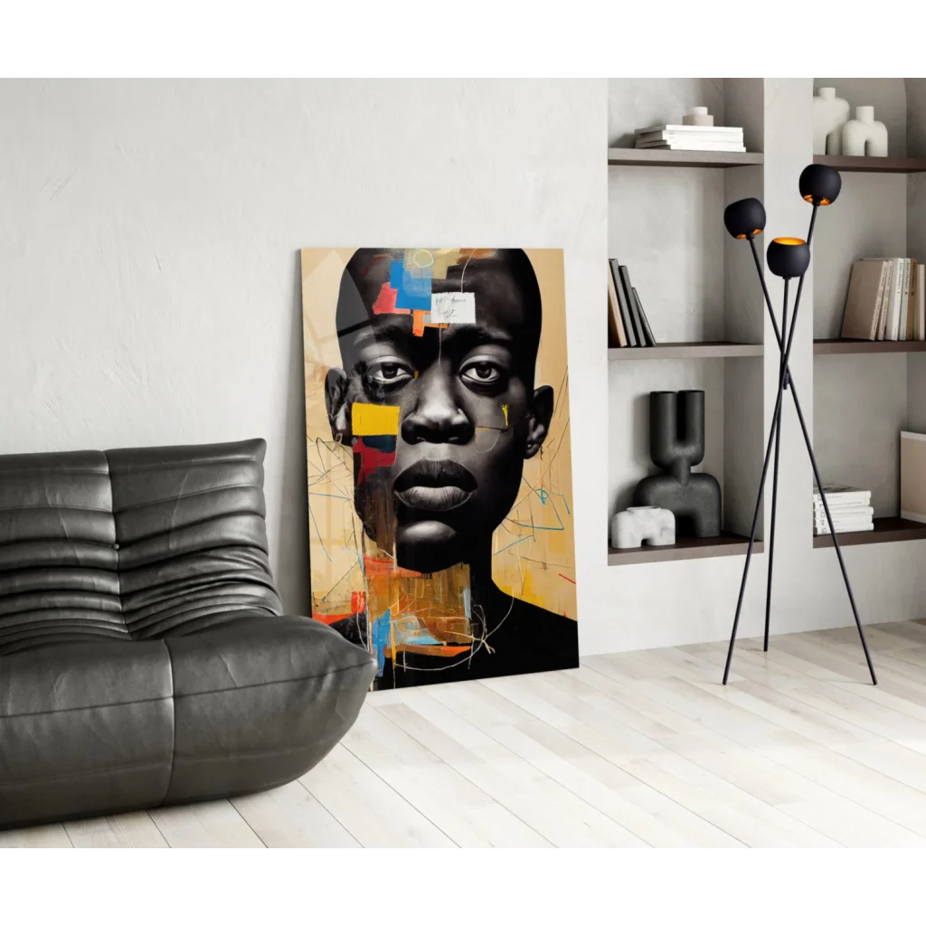 Bold geometric portrait glass wall art on beige canvas