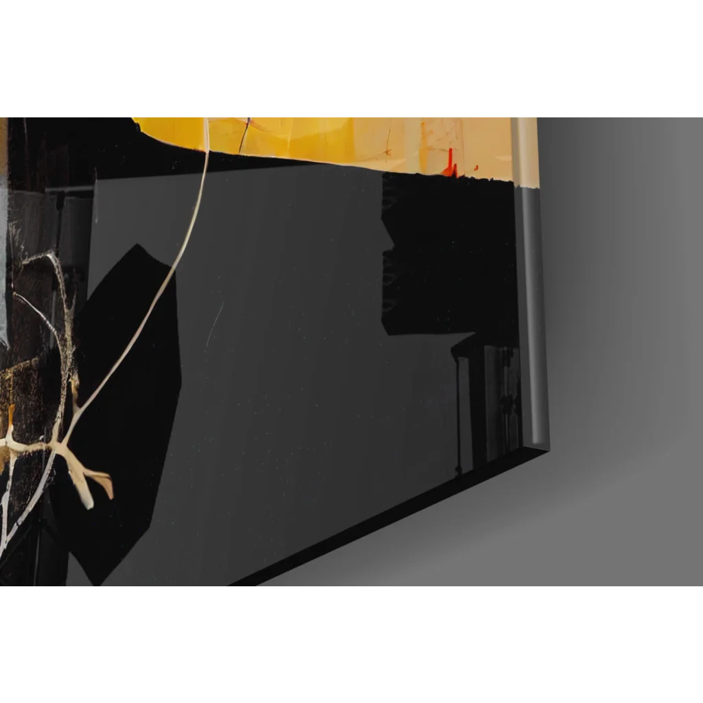 Bold geometric portrait glass wall art with black glossy panel and yellow tape edge