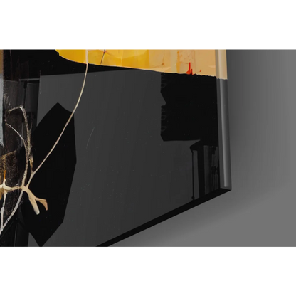 Bold geometric portrait glass wall art with black glossy panel and yellow tape edge