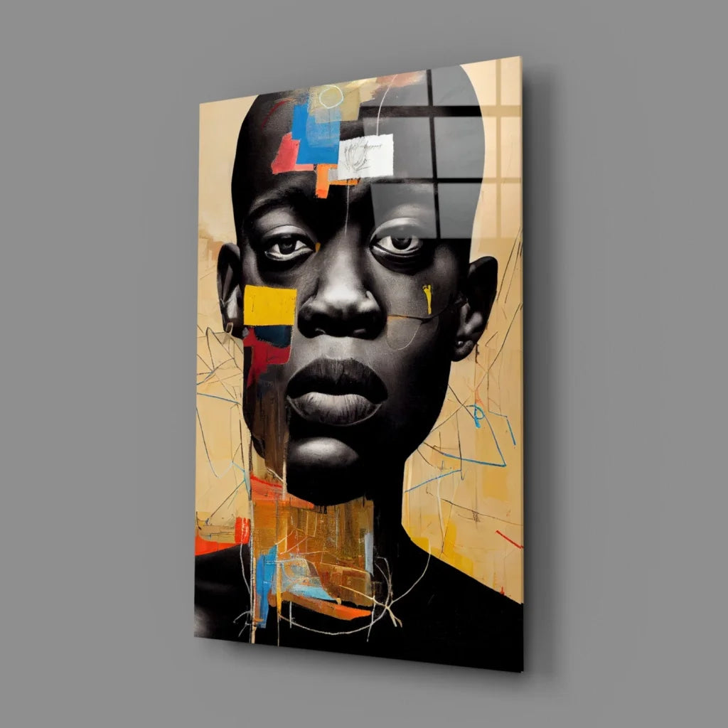 Bold geometric portrait glass wall art canvas in black, beige, and vibrant accents